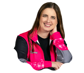 woman with brown hair in pink jacket